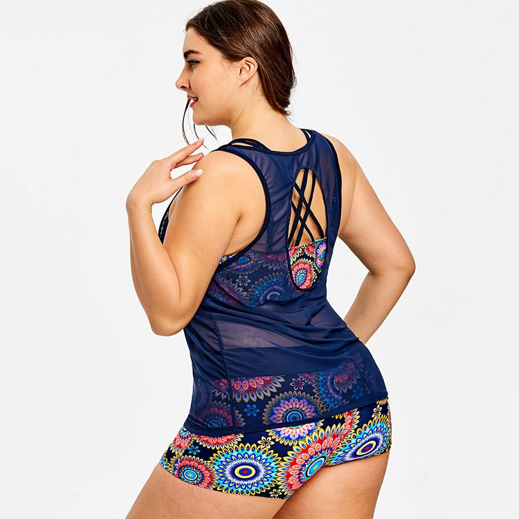 Plus Size Printed Beachwear With Mesh Tank-Women&