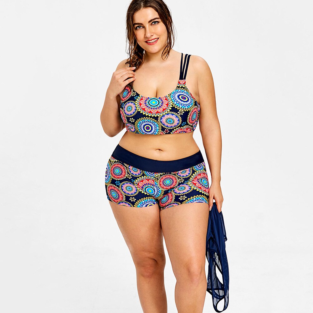 Plus Size Printed Beachwear With Mesh Tank-Women&