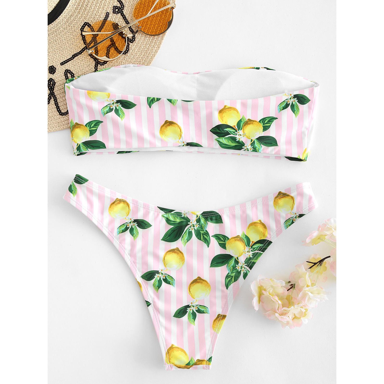 Sexy Bandeau Lemon Printed Bikini-Women's Clothing-Walmel