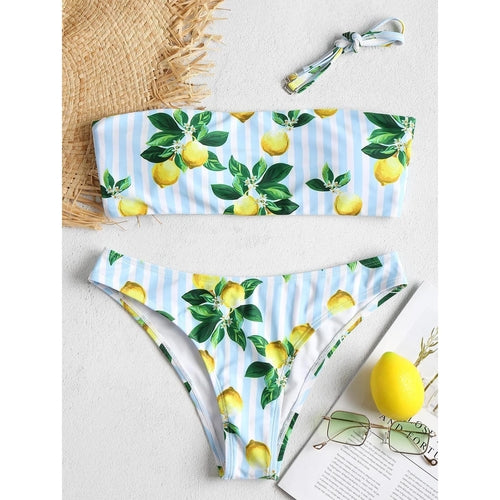 Sexy Bandeau Lemon Printed Bikini-Women's Clothing-Walmel